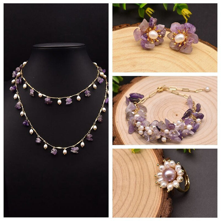 Amethyst Natural Pearls Brooch Earring Bracelet Necklace Women Luxury Jewelry Set French Fashion Romantic Accessories - LeisFita.com