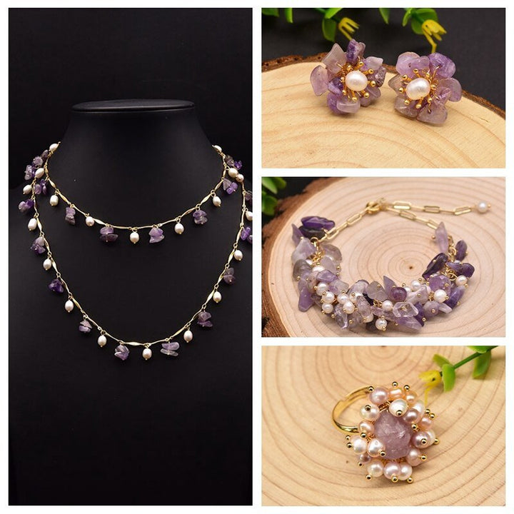 Amethyst Natural Pearls Brooch Earring Bracelet Necklace Women Luxury Jewelry Set French Fashion Romantic Accessories - LeisFita.com