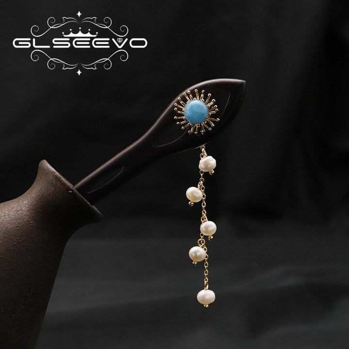 Aquamarine Natural Tahitian Pearls Long Chain Woman Pendant Hairpin Retro Popular Designer Jewelry Anniversary Gift - LeisFita.com