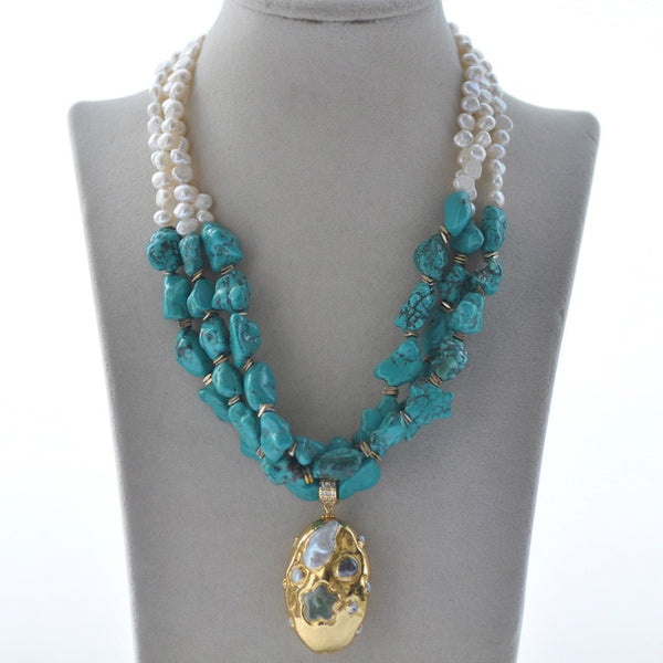 Baroque White Pearl Green Turquoise Necklace - LeisFita.com