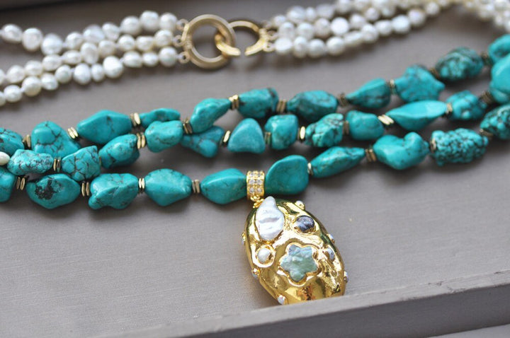 Baroque White Pearl Green Turquoise Necklace - LeisFita.com