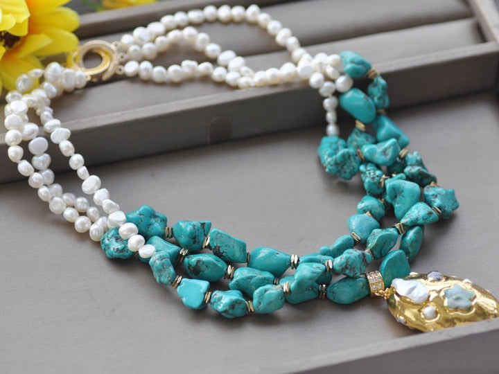 Baroque White Pearl Green Turquoise Necklace - LeisFita.com