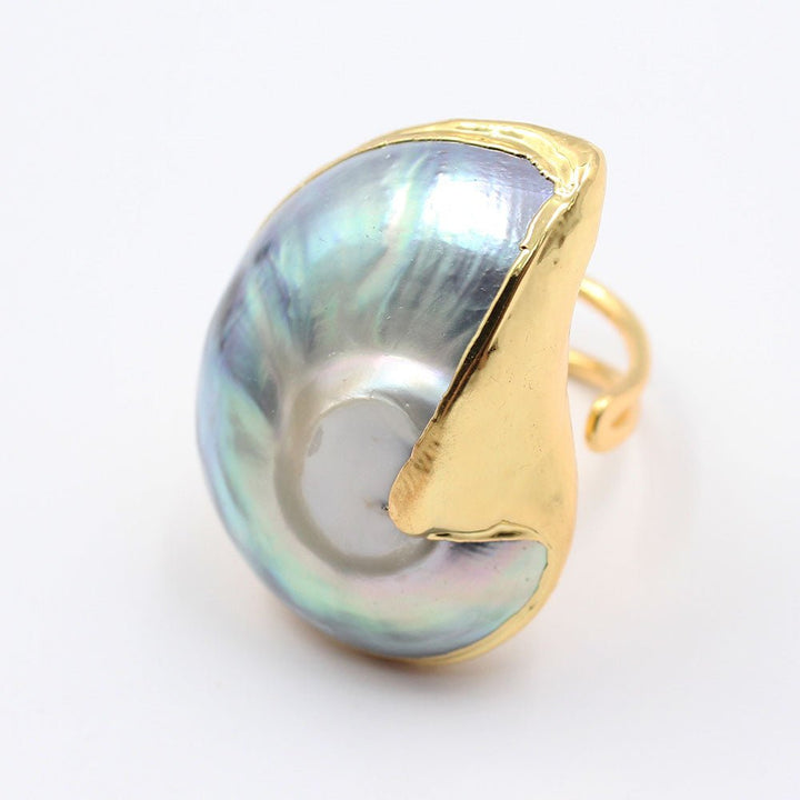 Big Natural Gray Conch Shell Yellow Gold Plated Ring Handmade For Women Adjustable Rings - LeisFita.com