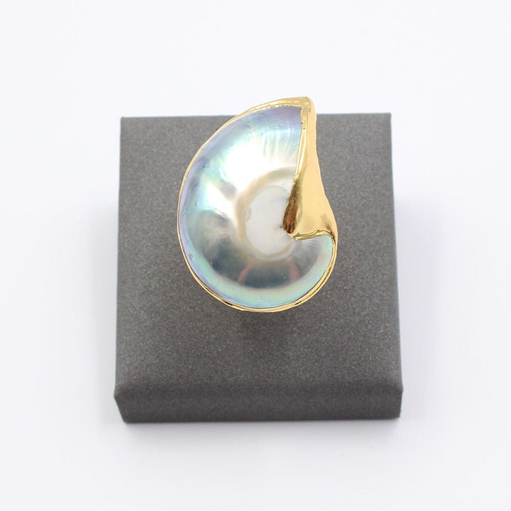 Big Natural Gray Conch Shell Yellow Gold Plated Ring Handmade For Women Adjustable Rings - LeisFita.com