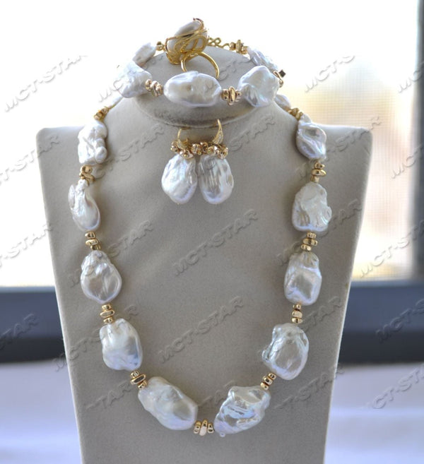 Big White Baroque Keshi Pearl Hematite Necklace Bracelet Earring Ring SET - LeisFita.com