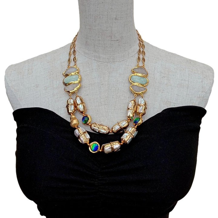 Biwa Pearl Amazonite Druzy Murano Glass Necklace 21&quot; - LeisFita.com