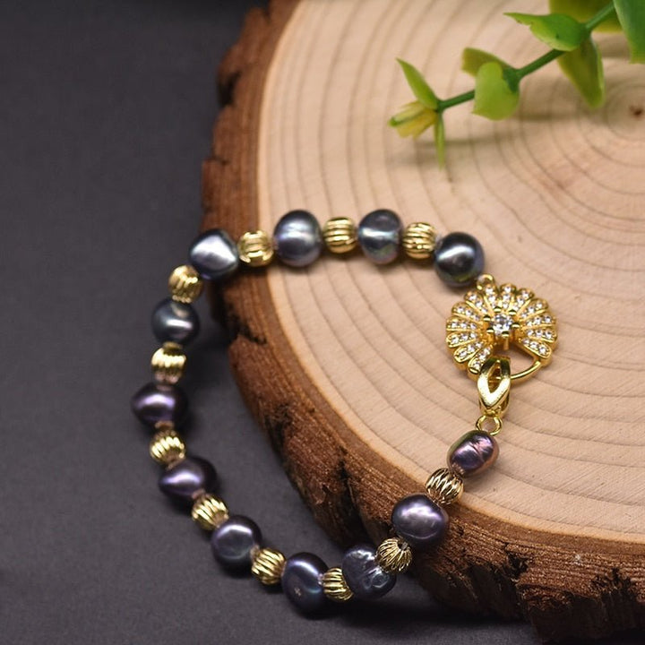 Black Onyx Natural Freshwater Pearls Plant Flowers Ring Earrings Bracelet For Woman Retro Punk Luxury Fine Jewelry Set - LeisFita.com