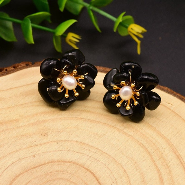 Black Onyx Natural Freshwater Pearls Plant Flowers Ring Earrings Bracelet For Woman Retro Punk Luxury Fine Jewelry Set - LeisFita.com
