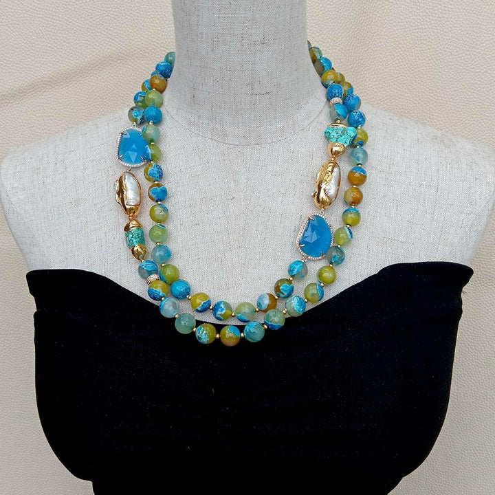 Blue Faceted Agate Cultured White Biwa Pearl Turquoise Necklace - LeisFita.com