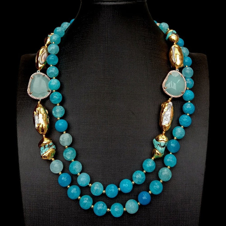 Blue Faceted Agate Turquoise Cultured White Biwa Pearl Crystal Necklace Bracelet Earrings Set - LeisFita.com