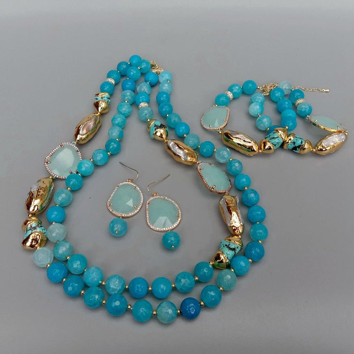 Blue Faceted Agate Turquoise Cultured White Biwa Pearl Crystal Necklace Bracelet Earrings Set - LeisFita.com