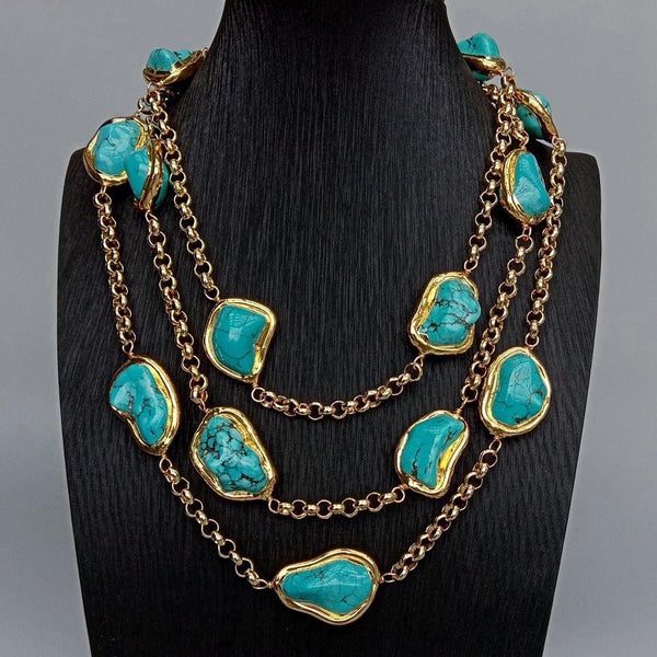 Blue Turquoise Freeform Shape Gold Plated Chain Necklace - LeisFita.com