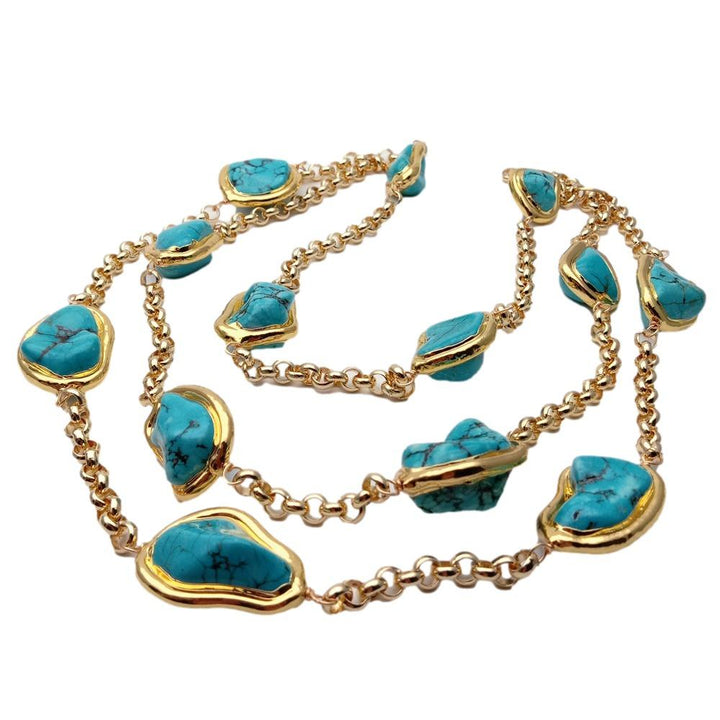 Blue Turquoise Freeform Shape Gold Plated Chain Necklace - LeisFita.com