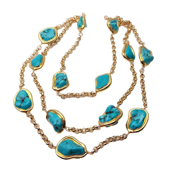 Blue Turquoise Freeform Shape Gold Plated Chain Necklace - LeisFita.com