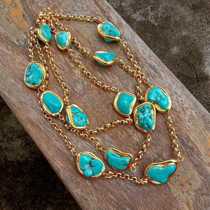 Blue Turquoise Freeform Shape Gold Plated Chain Necklace - LeisFita.com