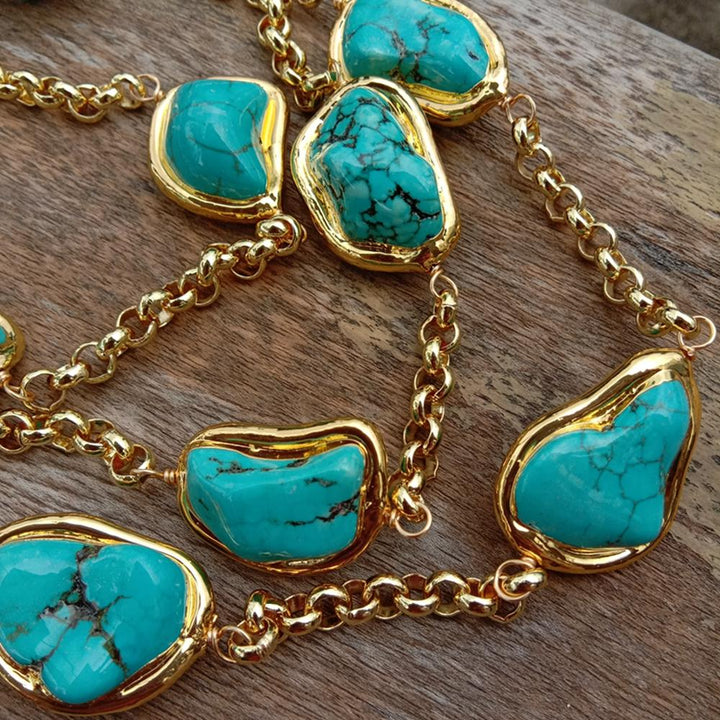 Blue Turquoise Freeform Shape Gold Plated Chain Necklace - LeisFita.com