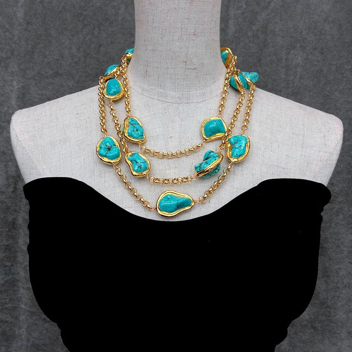 Blue Turquoise Freeform Shape Gold Plated Chain Necklace - LeisFita.com