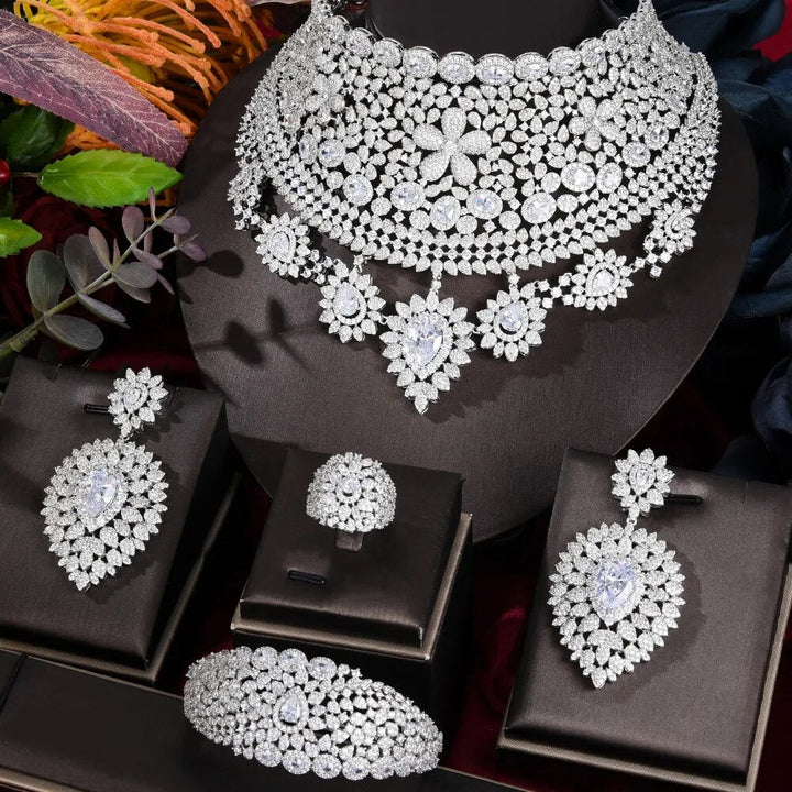 CHCZSET 110mm Wide Big Luxury Flower Boom Women Engagement Cubic Zirconia Jewelry Set - LeisFita.com