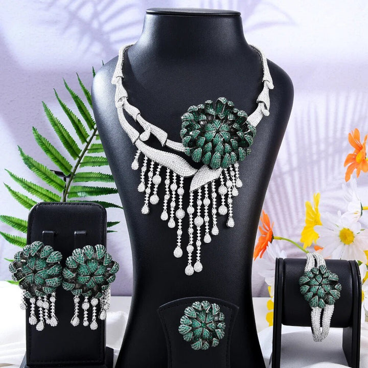 CHCZSET Big Fashion Luxury 4PCS Flower Tassel African Jewelry Set For Women Wedding Party Zirconia Indian Dubai Bridal Jewelry Set - LeisFita.com