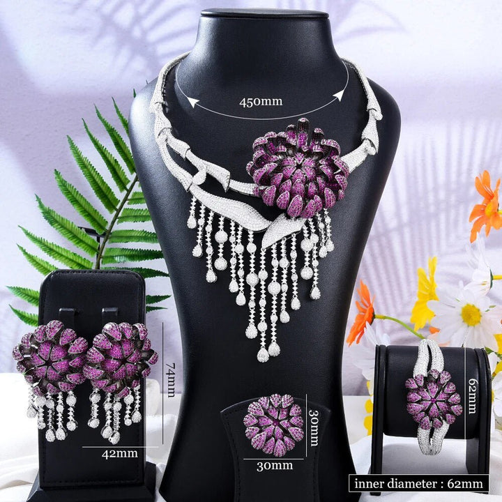 CHCZSET Big Fashion Luxury 4PCS Flower Tassel African Jewelry Set For Women Wedding Party Zirconia Indian Dubai Bridal Jewelry Set - LeisFita.com