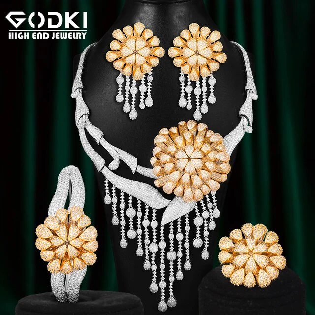 CHCZSET Big Fashion Luxury 4PCS Flower Tassel African Jewelry Set For Women Wedding Party Zirconia Indian Dubai Bridal Jewelry Set - LeisFita.com