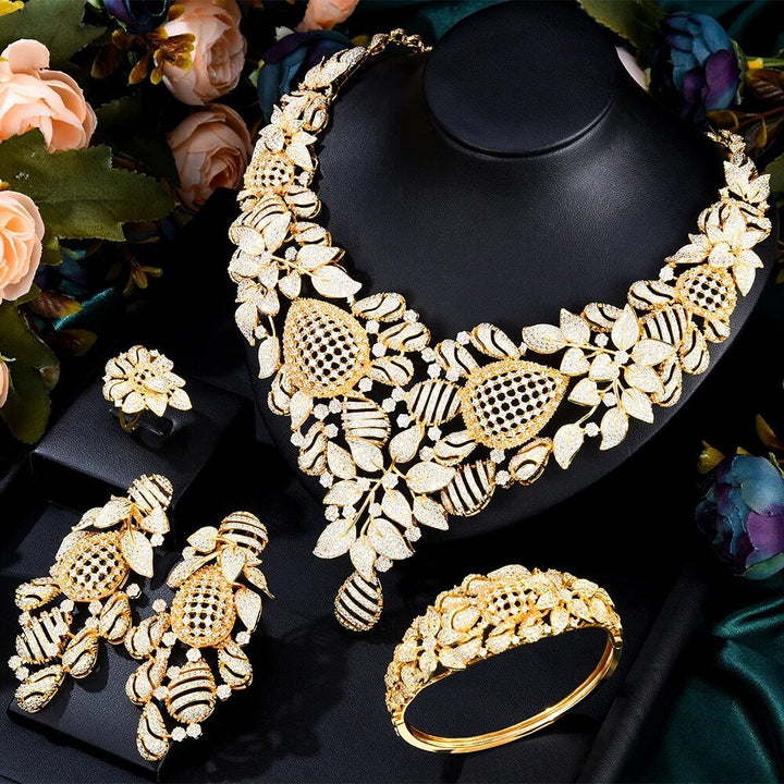 CHCZSET Super Big Luxury 4PCS BEE NEST African Jewelry Sets For Women Wedding Cubic Zirconia Dubai Bridal SetS Costum Jewelry - LeisFita.com