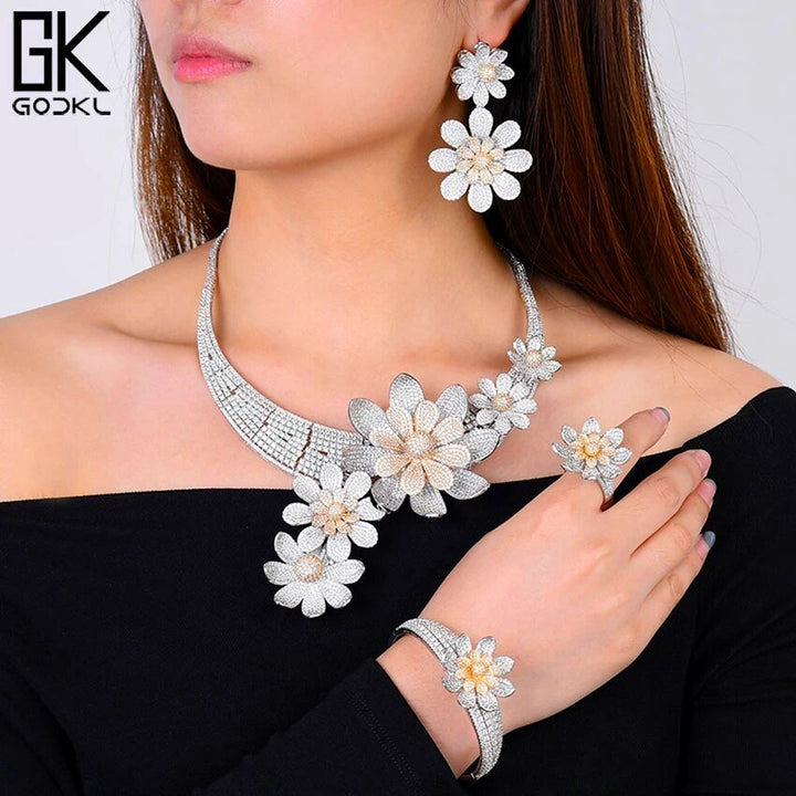 CHCZSET Super Big Luxury 4PCS Daisy Flower African Jewelry Set For Women Wedding Cubic Zirconia Dubai Bridal Set Costum Jewelry - LeisFita.com