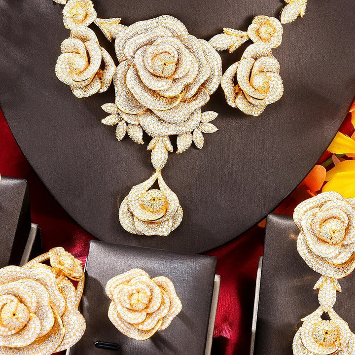 CHCZSET Trendy 4PCS Luxury Ruby Flower Statement Jewelry Set For Women Wedding Cubic Zircon Indian African Dubai Bridal Necklace - LeisFita.com