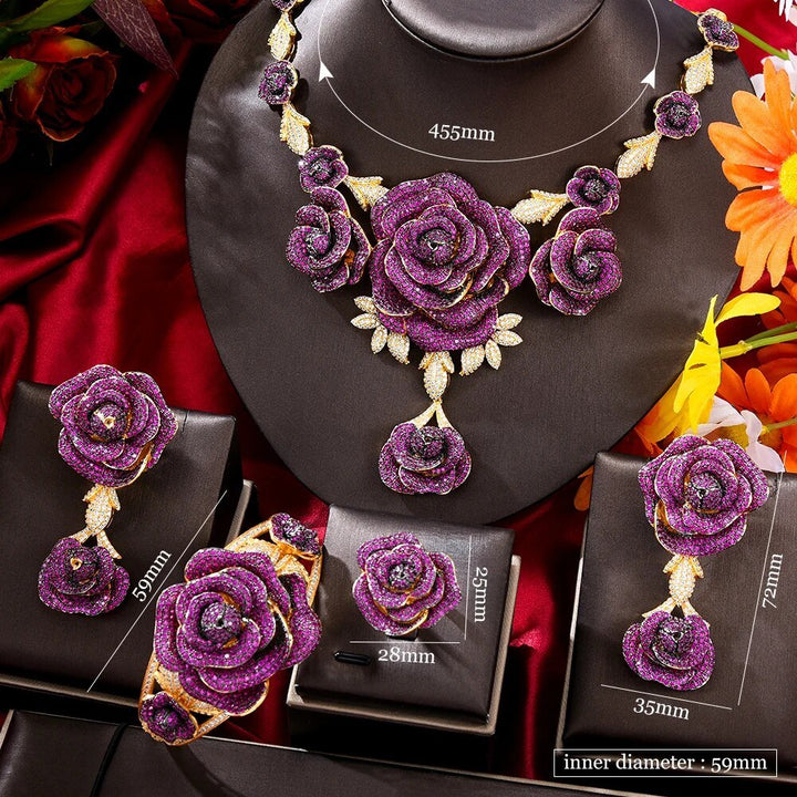 CHCZSET Trendy 4PCS Luxury Ruby Flower Statement Jewelry Set For Women Wedding Cubic Zircon Indian African Dubai Bridal Necklace - LeisFita.com