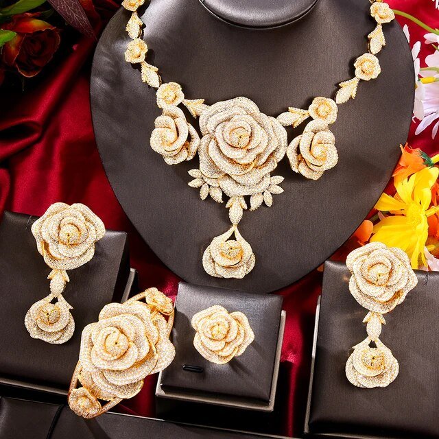 CHCZSET Trendy 4PCS Luxury Ruby Flower Statement Jewelry Set For Women Wedding Cubic Zircon Indian African Dubai Bridal Necklace - LeisFita.com