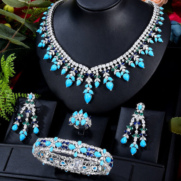 CHCZSET Turquoise Luxury Wedding Party Zirconia Dubai Bridal Jewelry Set - LeisFita.com