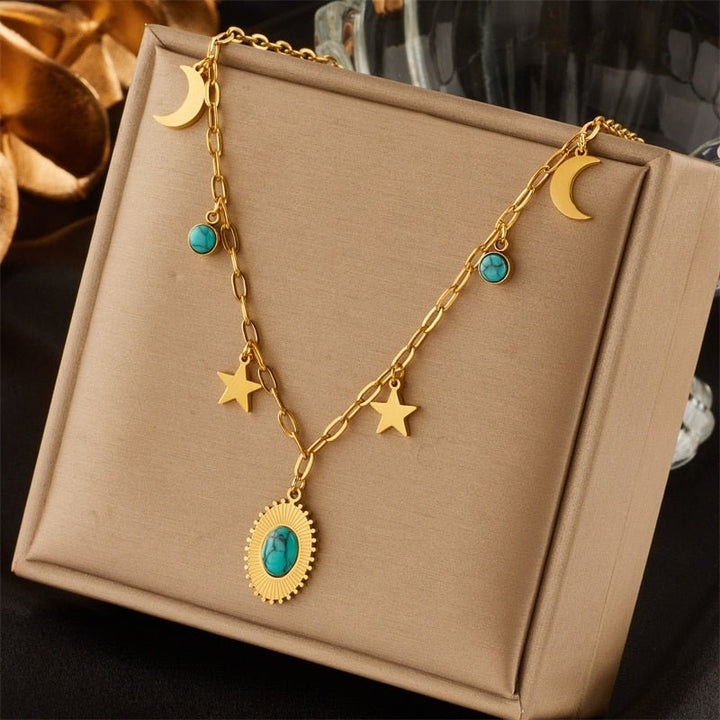 CHIPN 316L Stainless Steel Green Stone Crystal Necklace For Women Bohemian Ethnic Chain Choker - LeisFita.com