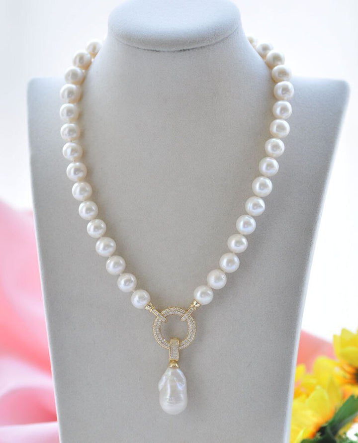 CHPNL 12mm baroque & keshi pearls Necklace with a CZ pendant - LeisFita.com