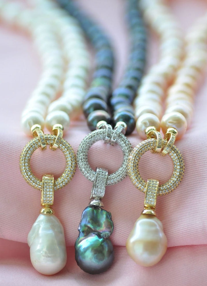 CHPNL 12mm baroque & keshi pearls Necklace with a CZ pendant - LeisFita.com