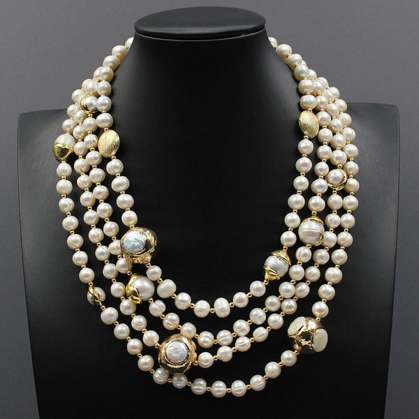 CHPNL 4 Strands Natural Freshwater Cultured White Pearl Gold Color Plated Keshi Pearl Necklace - LeisFita.com