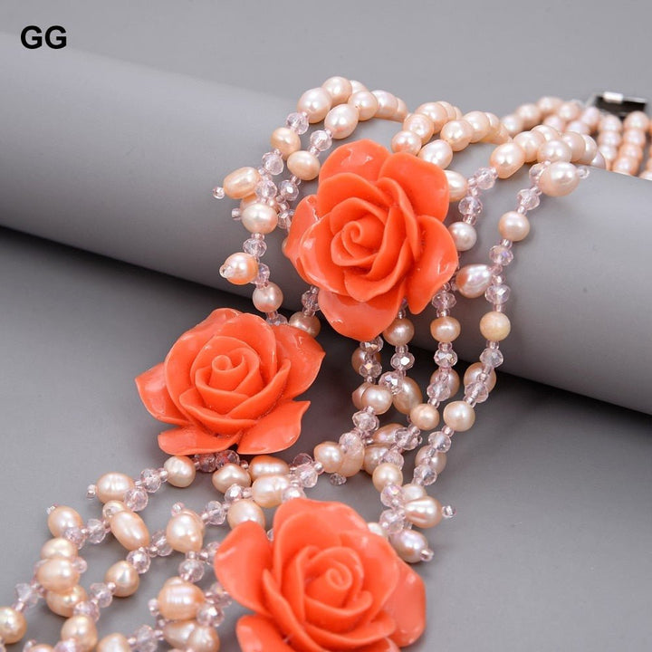 CHPNL 6 Rows Natural Pink Pearl Crystal Red Resin Flower Necklace - LeisFita.com
