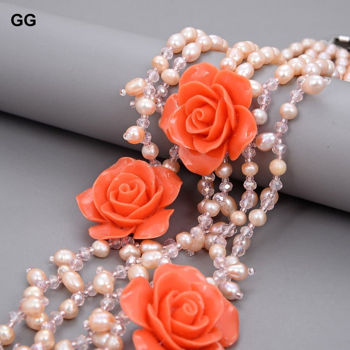 CHPNL 6 Rows Natural Pink Pearl Crystal Red Resin Flower Necklace - LeisFita.com