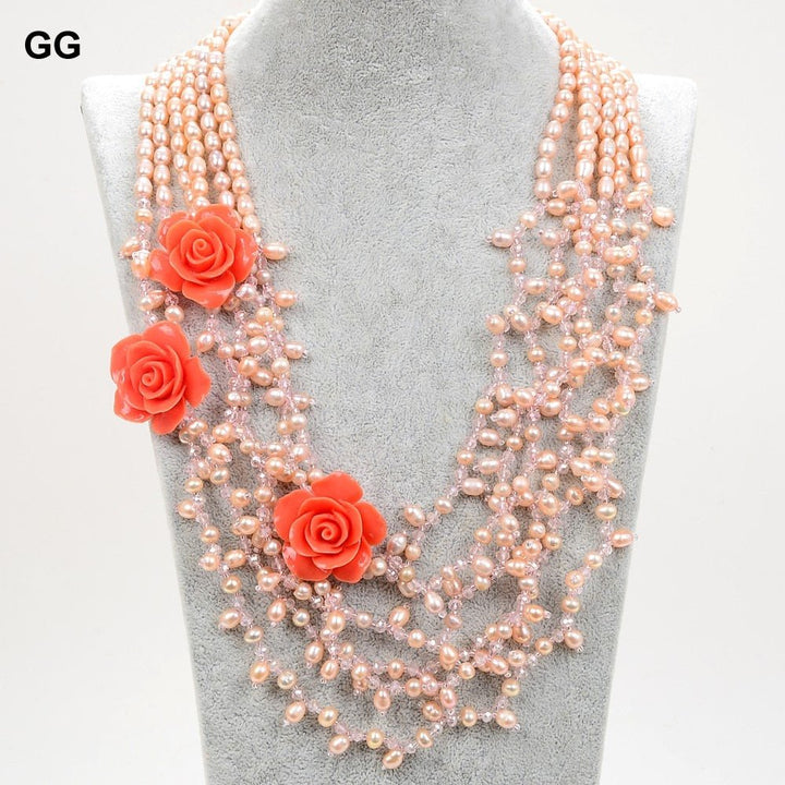 CHPNL 6 Rows Natural Pink Pearl Crystal Red Resin Flower Necklace - LeisFita.com