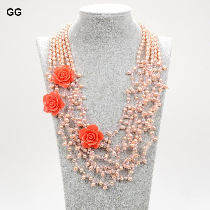 CHPNL 6 Rows Natural Pink Pearl Crystal Red Resin Flower Necklace - LeisFita.com