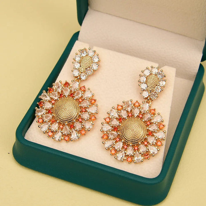 Clear Cz Orange Crystal Gold Plated Sun Flower Stud Earring Fashion Jewelry Simple Gifts For Lady Girls - LeisFita.com