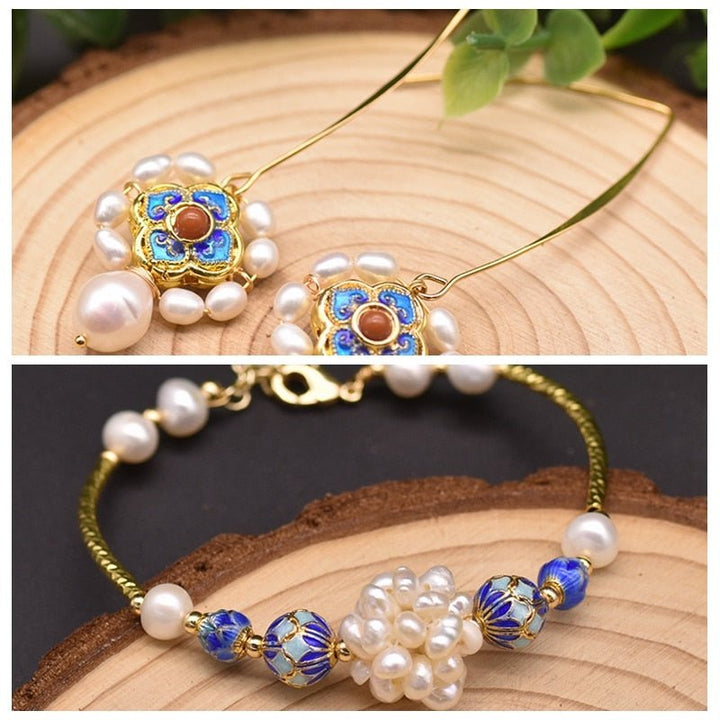 Cloisonne Natural Freshwater Pearls Drop Earrings Butterfly Necklace Bracelet Woman Retro Luxury Wedding Jewelry Gift - LeisFita.com