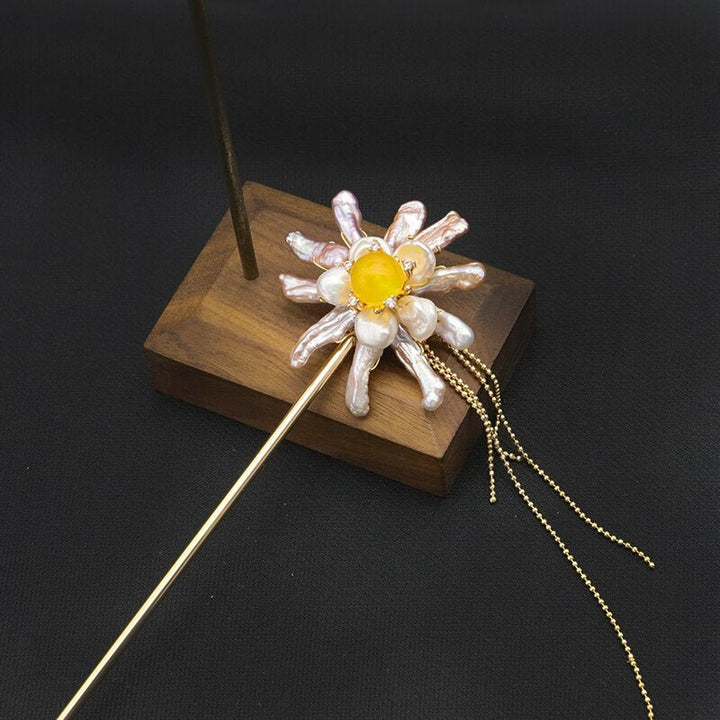 Cloisonne Natural Pearls Flower Chain Hairpins Thai Style Retro Luxury fashion Designer Jewelry Anniversary Gifts - LeisFita.com