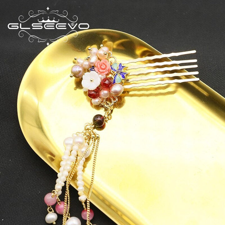 Cloisonne Natural Pearls Flower Chain Hairpins Thai Style Retro Luxury fashion Designer Jewelry Anniversary Gifts - LeisFita.com