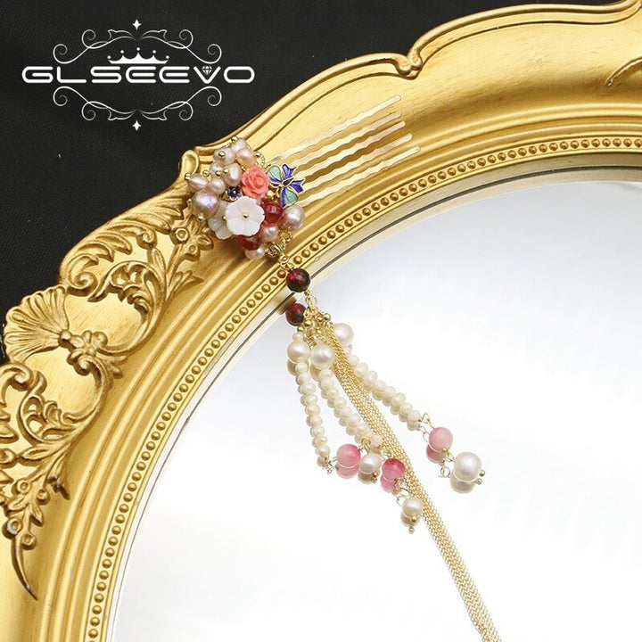 Cloisonne Natural Pearls Flower Chain Hairpins Thai Style Retro Luxury fashion Designer Jewelry Anniversary Gifts - LeisFita.com