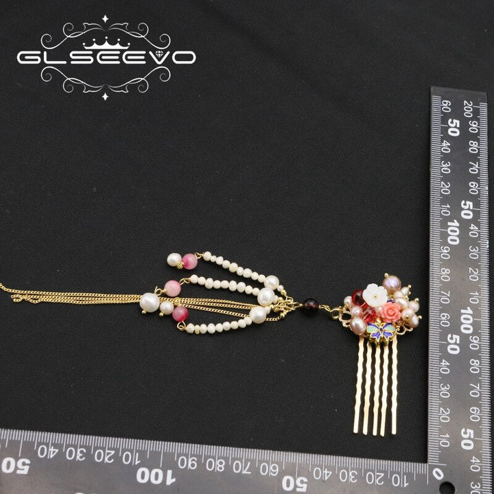 Cloisonne Natural Pearls Flower Chain Hairpins Thai Style Retro Luxury fashion Designer Jewelry Anniversary Gifts - LeisFita.com