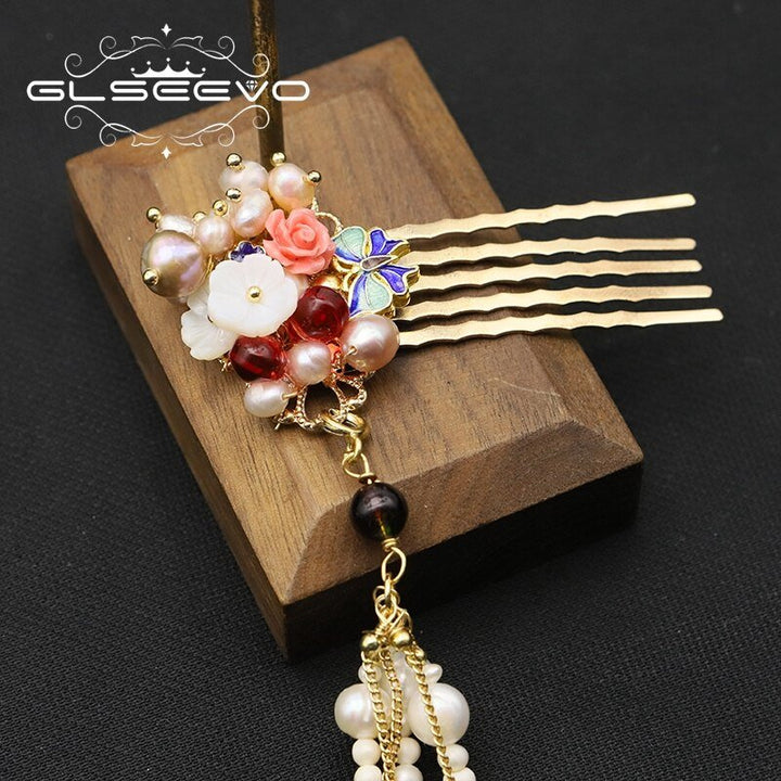 Cloisonne Natural Pearls Flower Chain Hairpins Thai Style Retro Luxury fashion Designer Jewelry Anniversary Gifts - LeisFita.com