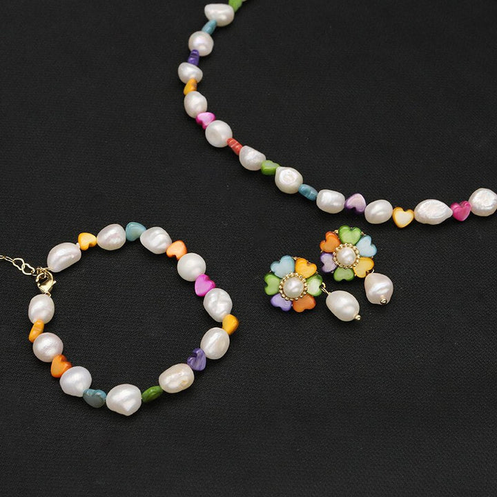 Colorful Heart-Shaped Petals Natural Freshwater Pearls Earrings Bracelet Necklace 2022 Korea Fashion Luxury Jewelry Set - LeisFita.com