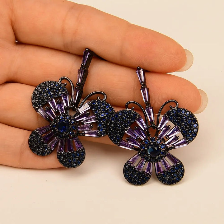 Crystal Pave Butterfly Shape Gunmetal Dangle Drop Stud Earrings For Women Gift Wedding Studs Earrings - LeisFita.com