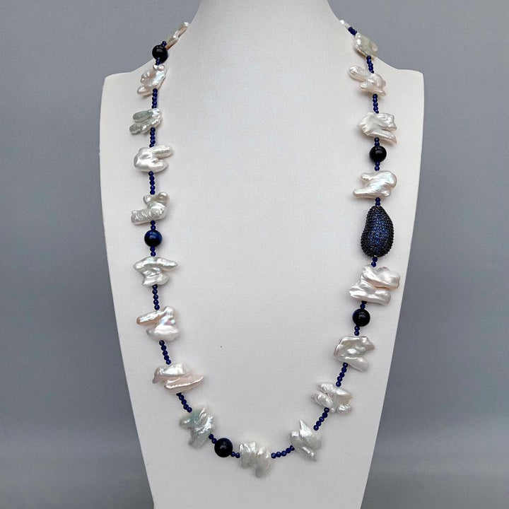 Cultured Freshwater Pearl Freeform Shape Keshi Pearl Blue Tiger Eye Crystal Long Necklace 29&quot; - LeisFita.com