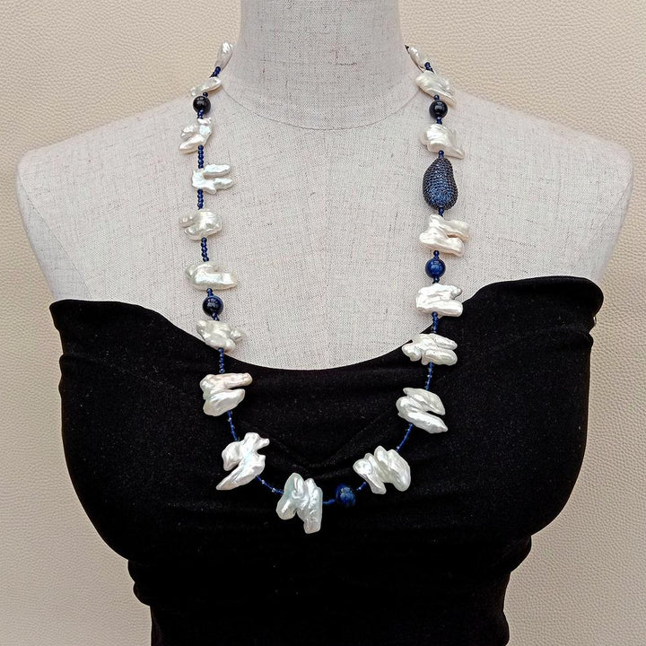 Cultured Freshwater Pearl Freeform Shape Keshi Pearl Blue Tiger Eye Crystal Long Necklace 29&quot; - LeisFita.com